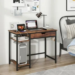 Tangkula Computer Desk with Charging Station, 40” Industrial Home Office Desk with Drawer & Adjustable Shelf