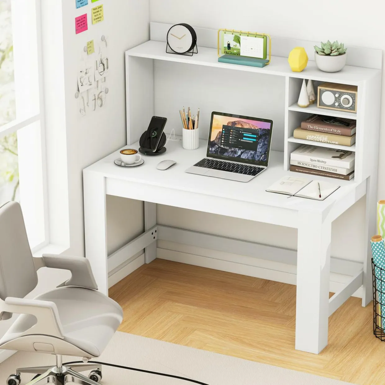 Tangkula Computer Desk with Hutch & Charging Station
