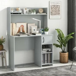 Tangkula Computer Desk with Hutch, Home Office Desk with Raised Display Shelf & 2 Open Shelves (Gray)