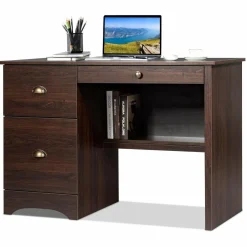 Tangkula Computer Desk with Drawers, Wood Frame Home Office Desk with Storage Shelf