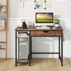 Tangkula Computer Desk with Charging Station, 40” Industrial Home Office Desk with Drawer & Adjustable Shelf