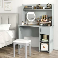 Tangkula Computer Desk with Hutch, Home Office Desk with Raised Display Shelf & 2 Open Shelves (Gray)