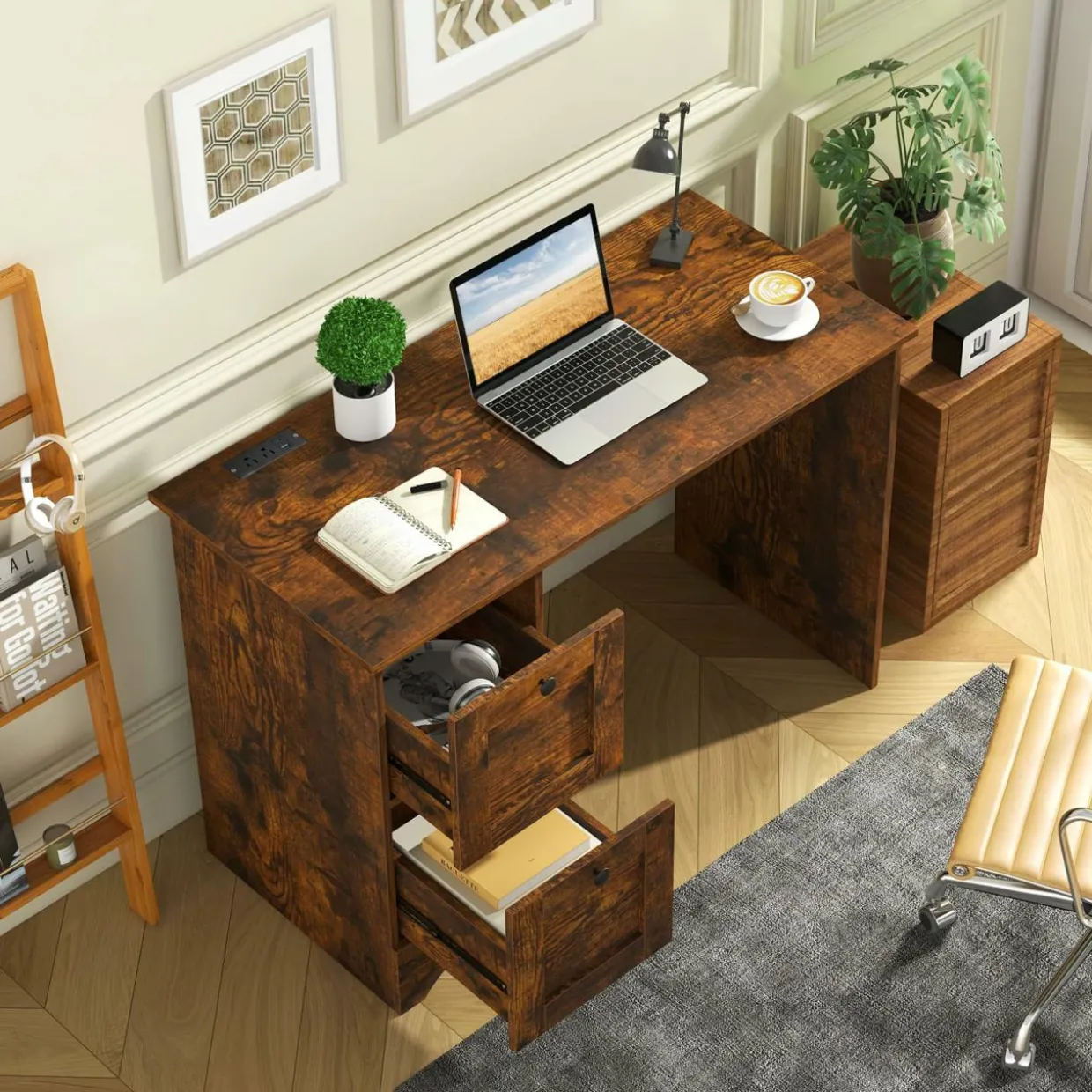 Tangkula Computer Desk with Drawers & Charging Station
