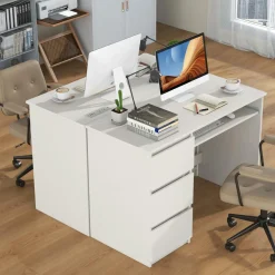 Tangkula Computer Desk with 3 Storage Drawers & Built-in Charging Station, Home Office Desk with Keyboard Tray