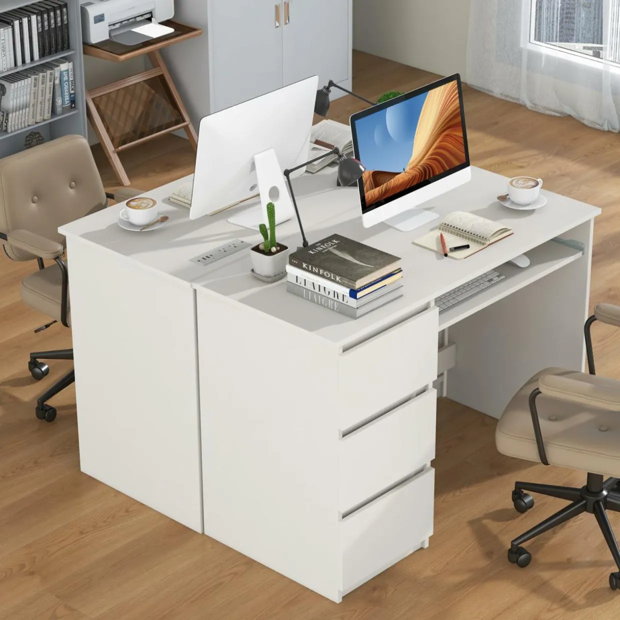 Tangkula Computer Desk with 3 Storage Drawers & Built-in Charging Station, Home Office Desk with Keyboard Tray