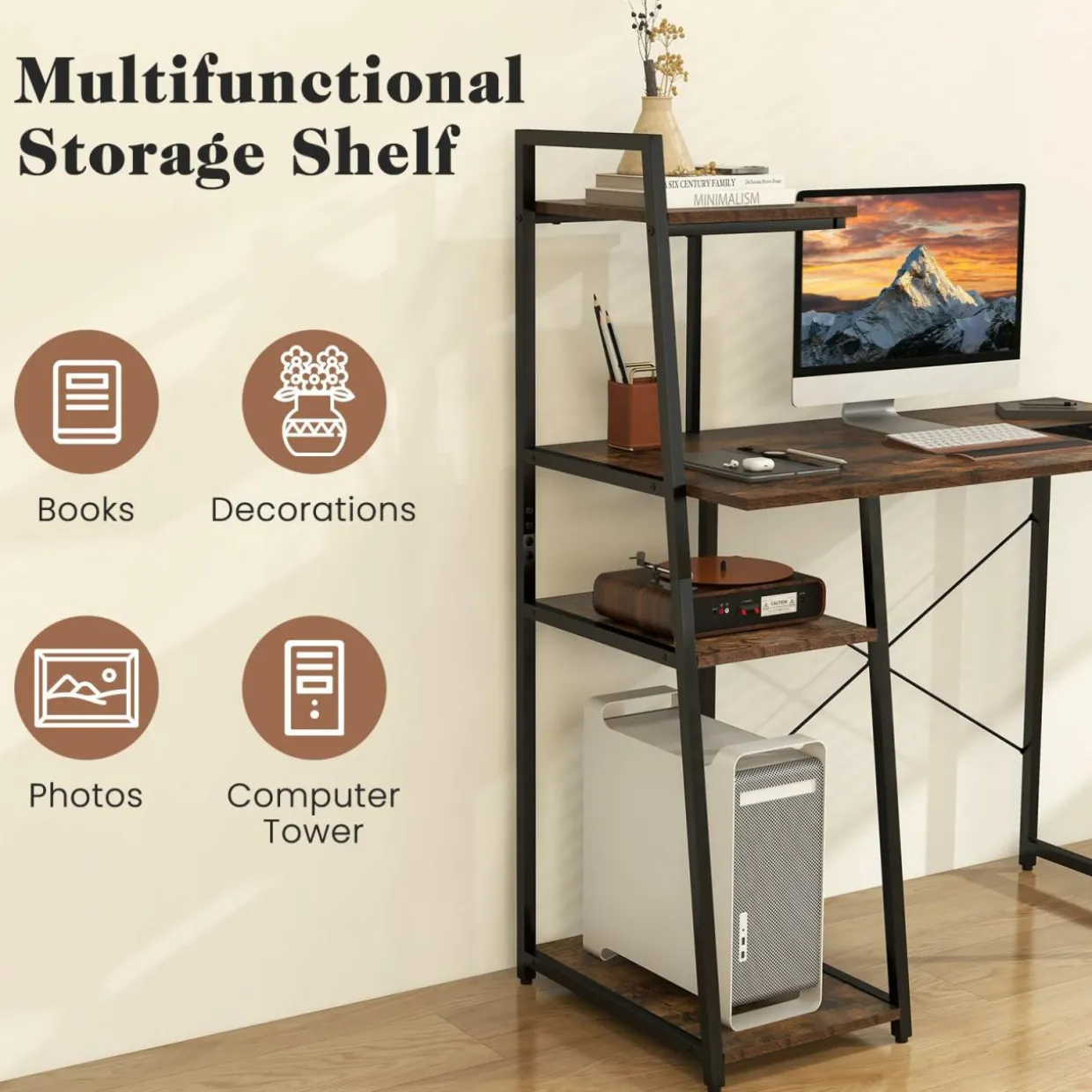 Tangkula Computer Desk with Shelves, Space Saving Home Office Desk with 3-Tier Ladder Shaped Storage Bookshelf