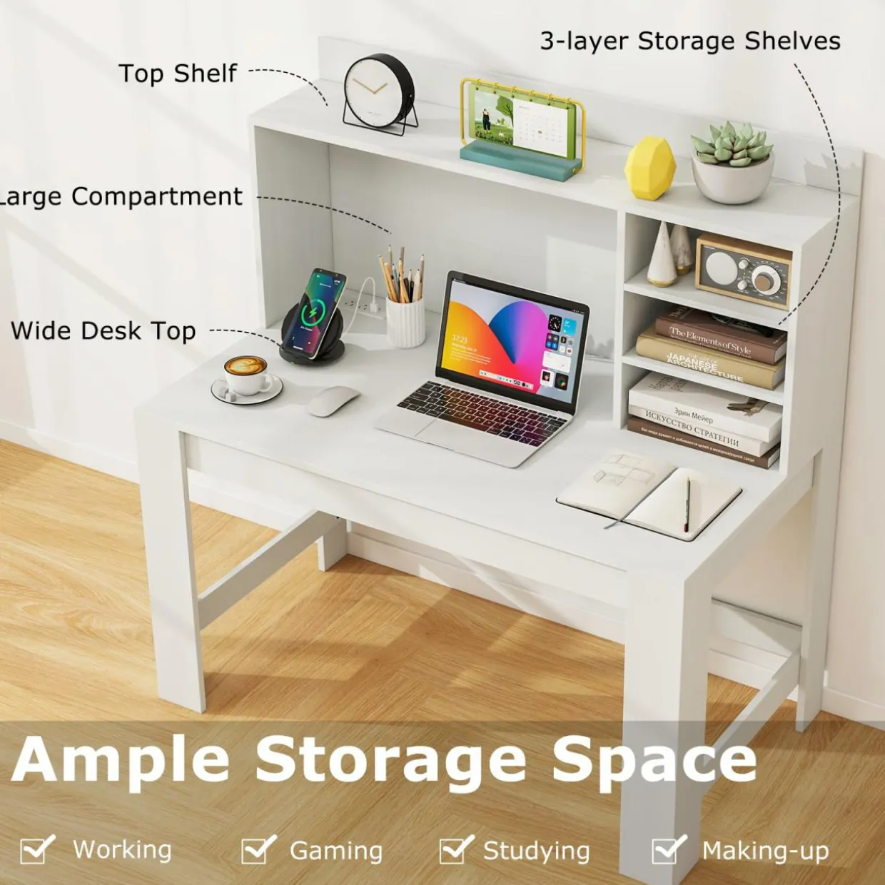 Tangkula Computer Desk with Hutch & Charging Station
