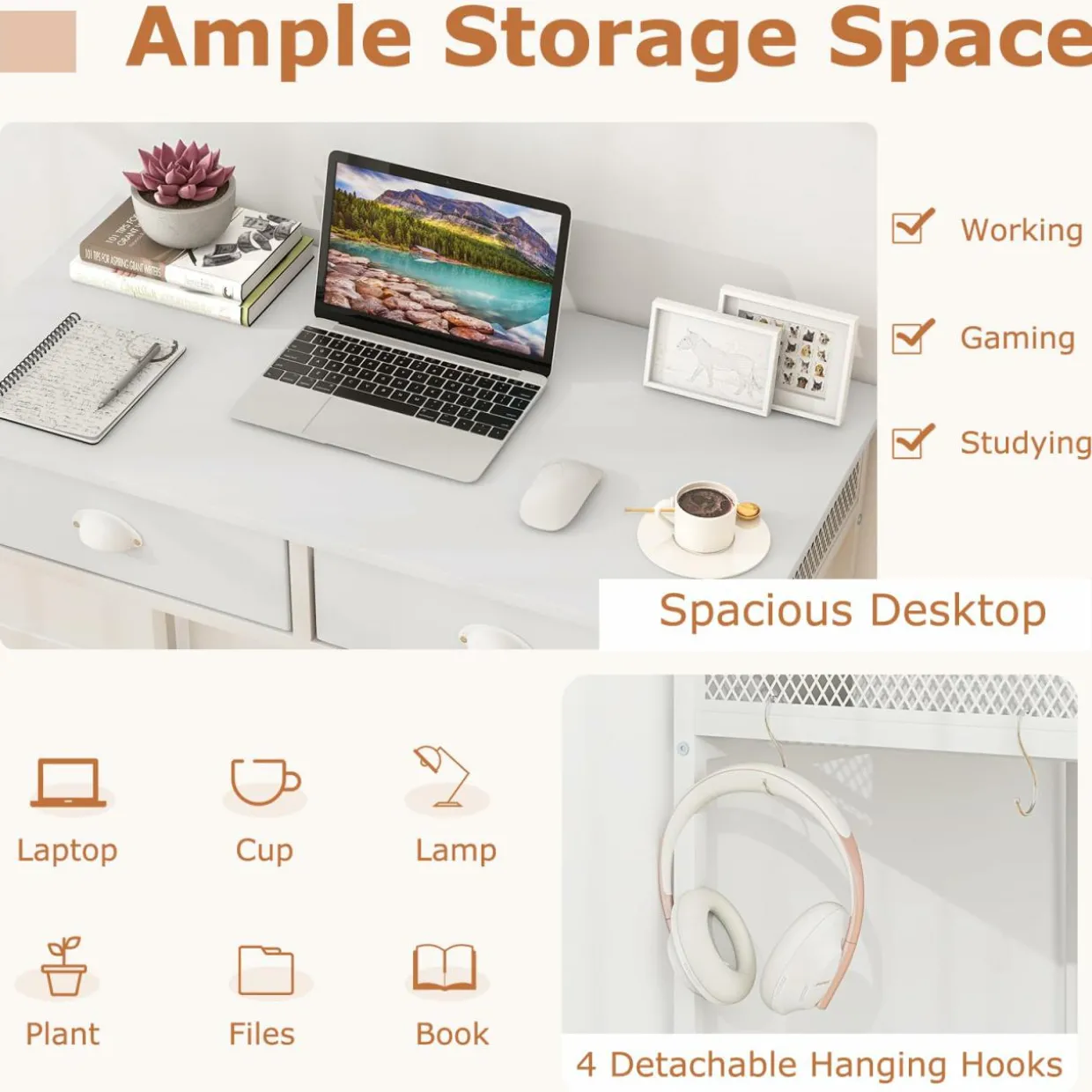 Tangkula Computer Desk with 2 Storage Drawers & 4 Hooks