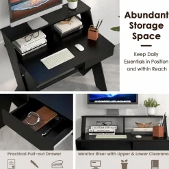 Tangkula Computer Desk with Storage Drawer, Small Writing Desk with Monitor Stand Riser