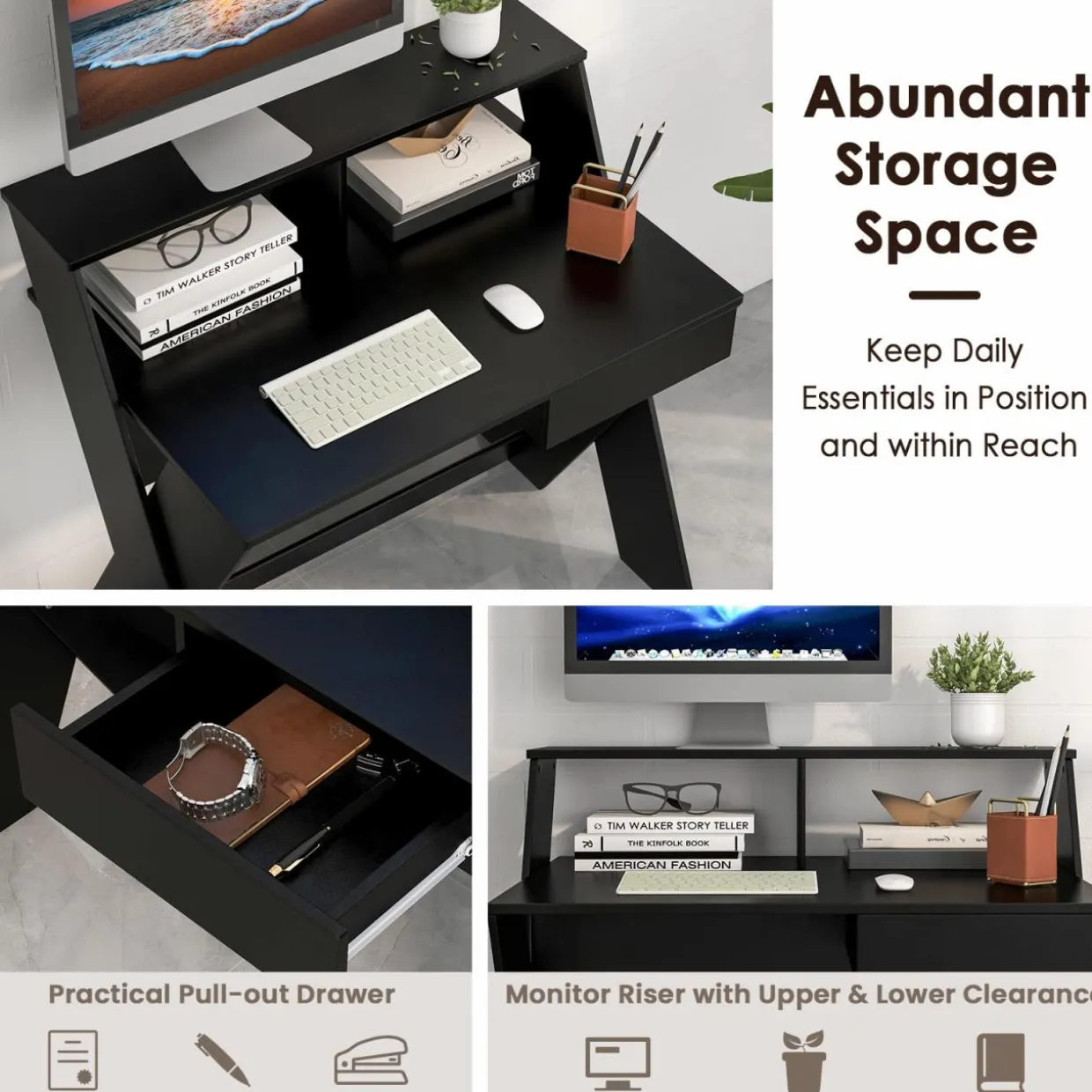 Tangkula Computer Desk with Storage Drawer, Small Writing Desk with Monitor Stand Riser