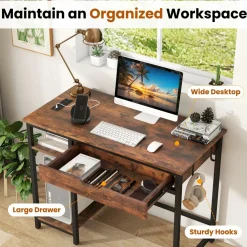 Tangkula Computer Desk with Charging Station, 40” Industrial Home Office Desk with Drawer & Adjustable Shelf