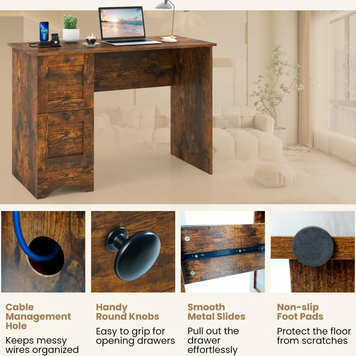 Tangkula Computer Desk with Drawers & Charging Station