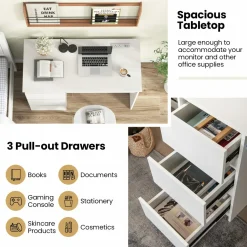 Tangkula Computer Desk with 3 Storage Drawers & Built-in Charging Station, Home Office Desk with Keyboard Tray