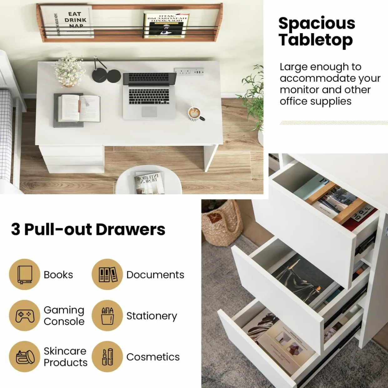 Tangkula Computer Desk with 3 Storage Drawers & Built-in Charging Station, Home Office Desk with Keyboard Tray