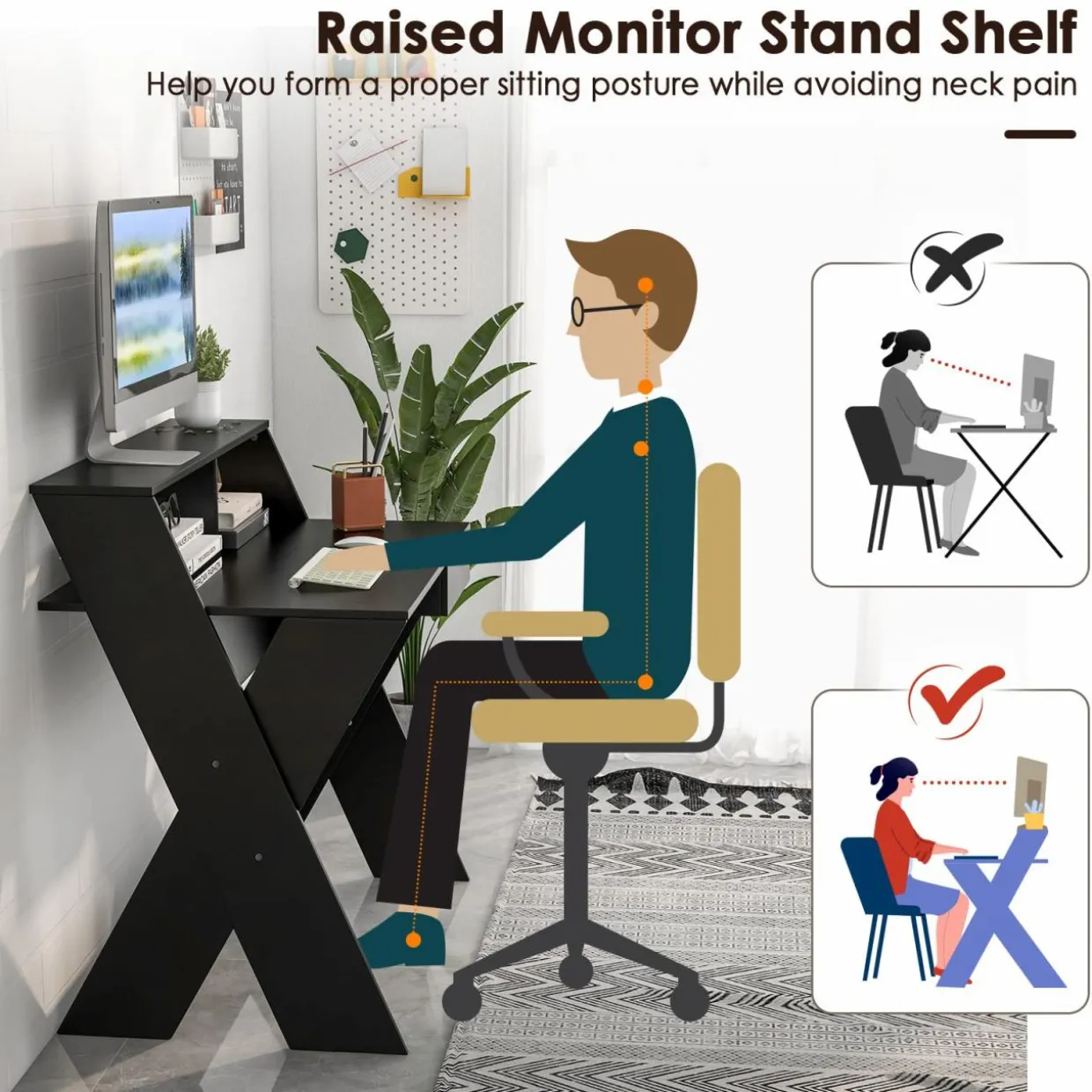Tangkula Computer Desk with Storage Drawer, Small Writing Desk with Monitor Stand Riser