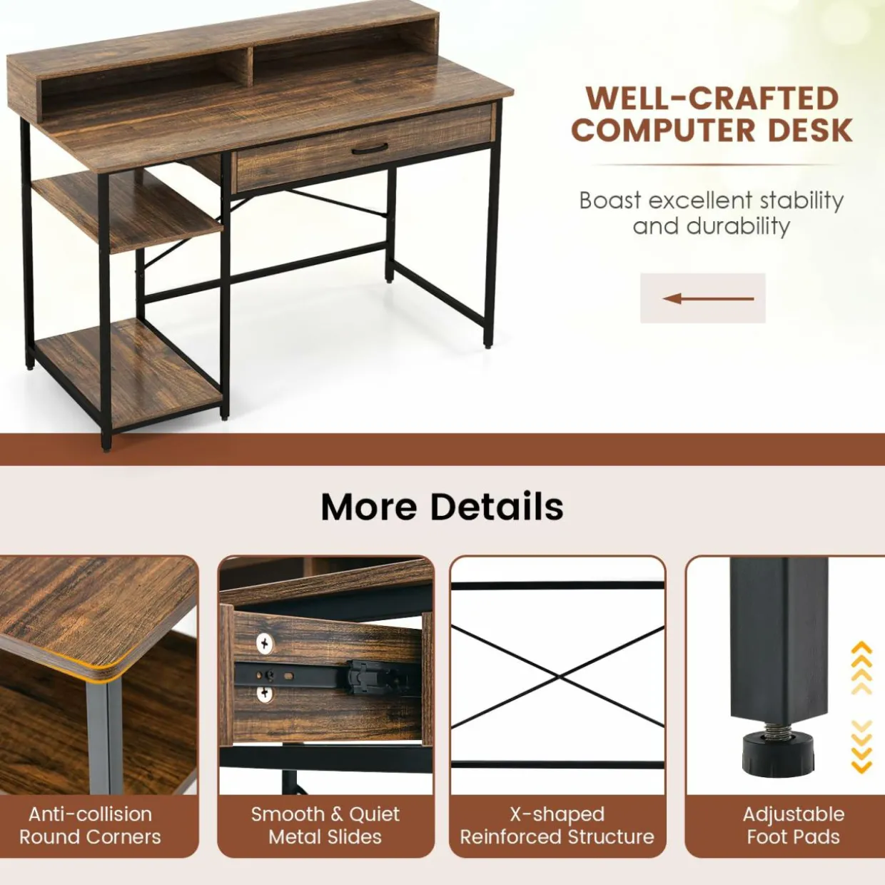Tangkula Computer Desk with Storage Drawer & Monitor Stand