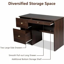 Tangkula Computer Desk with Drawers, Wood Frame Home Office Desk with Storage Shelf