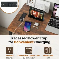 Tangkula Computer Desk with Charging Station, 40” Industrial Home Office Desk with Drawer & Adjustable Shelf