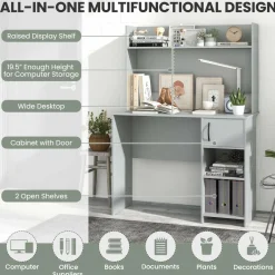 Tangkula Computer Desk with Hutch, Home Office Desk with Raised Display Shelf & 2 Open Shelves (Gray)