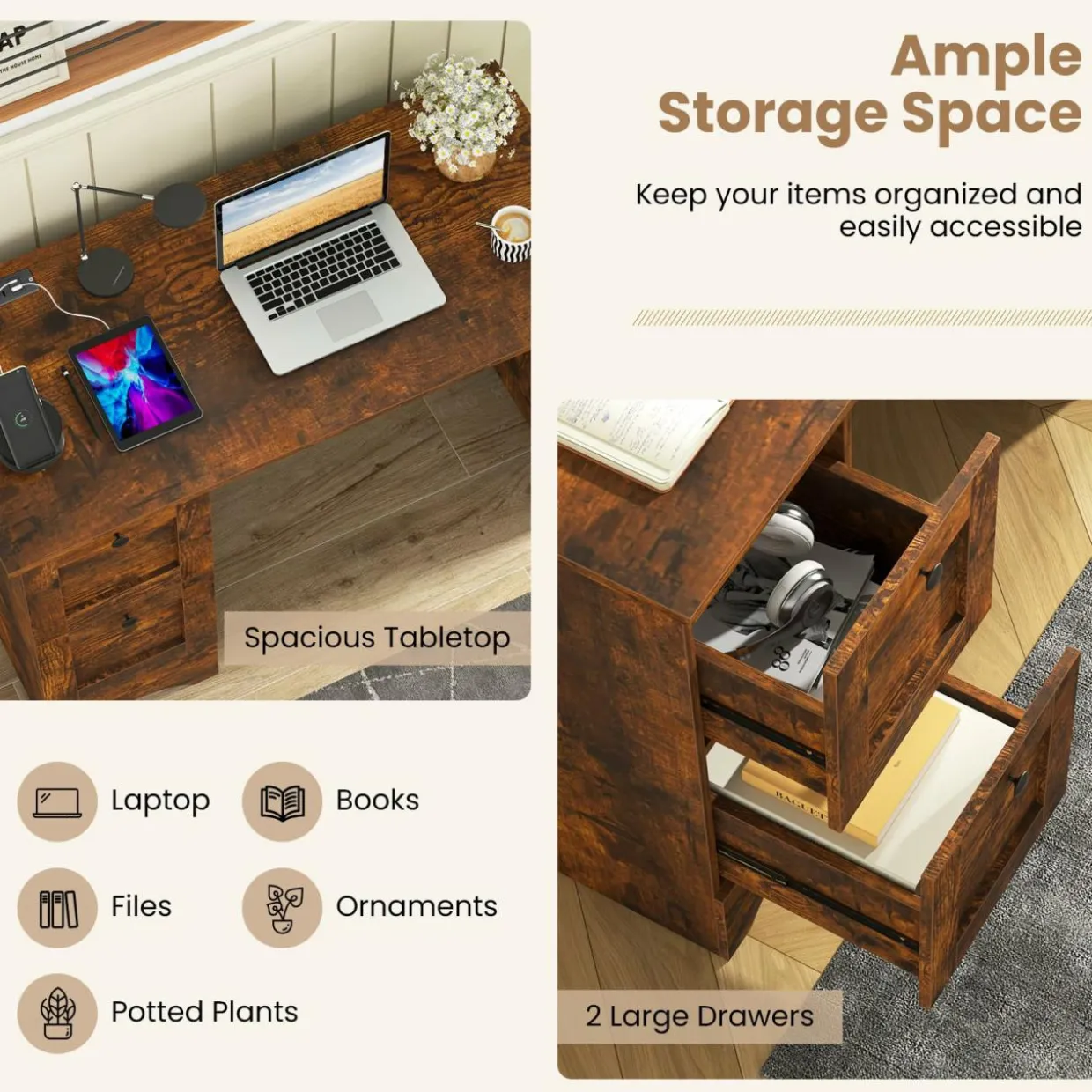 Tangkula Computer Desk with Drawers & Charging Station