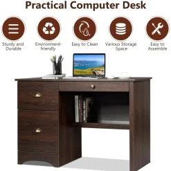 Tangkula Computer Desk with Drawers, Wood Frame Home Office Desk with Storage Shelf