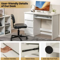 Tangkula Computer Desk with 3 Storage Drawers & Built-in Charging Station, Home Office Desk with Keyboard Tray