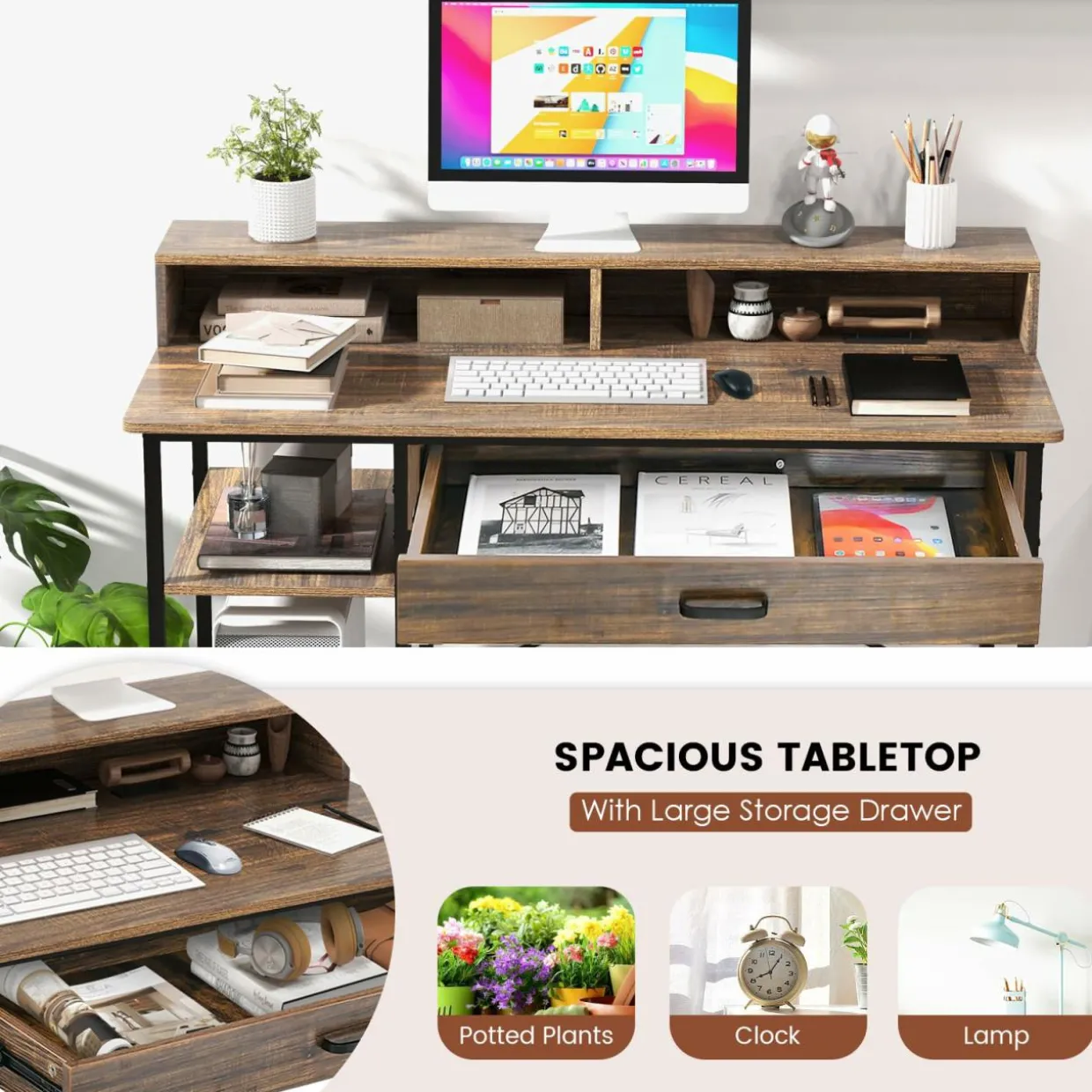 Tangkula Computer Desk with Storage Drawer & Monitor Stand