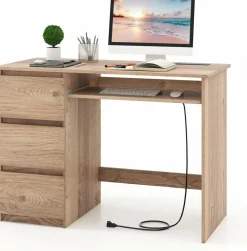 Tangkula Computer Desk with 3 Storage Drawers & Built-in Charging Station, Home Office Desk with Keyboard Tray