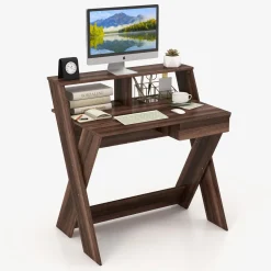 Tangkula Computer Desk with Storage Drawer, Small Writing Desk with Monitor Stand Riser