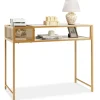 Tangkula Console Table, 2-Tier Faux Marble Sofa Table with Open Storage Shelf, Gold Steel Frame, Modern Entryway Table