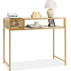 Tangkula Console Table, 2-Tier Faux Marble Sofa Table with Open Storage Shelf, Gold Steel Frame, Modern Entryway Table