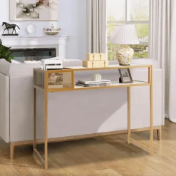 Tangkula Console Table, 2-Tier Faux Marble Sofa Table with Open Storage Shelf, Gold Steel Frame, Modern Entryway Table