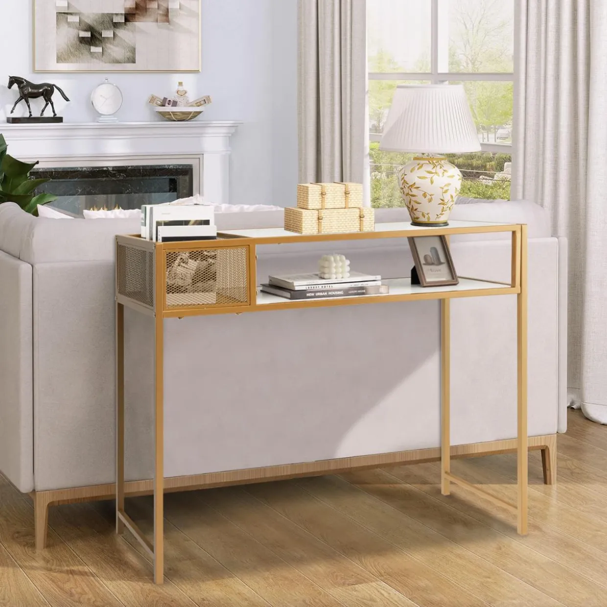 Tangkula Console Table, 2-Tier Faux Marble Sofa Table with Open Storage Shelf, Gold Steel Frame, Modern Entryway Table