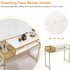 Tangkula Console Table, 2-Tier Faux Marble Sofa Table with Open Storage Shelf, Gold Steel Frame, Modern Entryway Table
