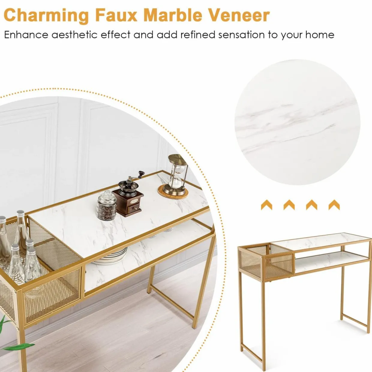 Tangkula Console Table, 2-Tier Faux Marble Sofa Table with Open Storage Shelf, Gold Steel Frame, Modern Entryway Table