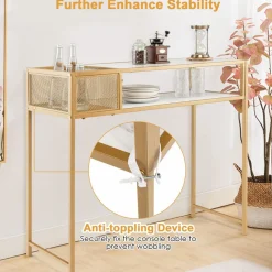 Tangkula Console Table, 2-Tier Faux Marble Sofa Table with Open Storage Shelf, Gold Steel Frame, Modern Entryway Table