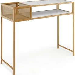 Tangkula Console Table, 2-Tier Faux Marble Sofa Table with Open Storage Shelf, Gold Steel Frame, Modern Entryway Table