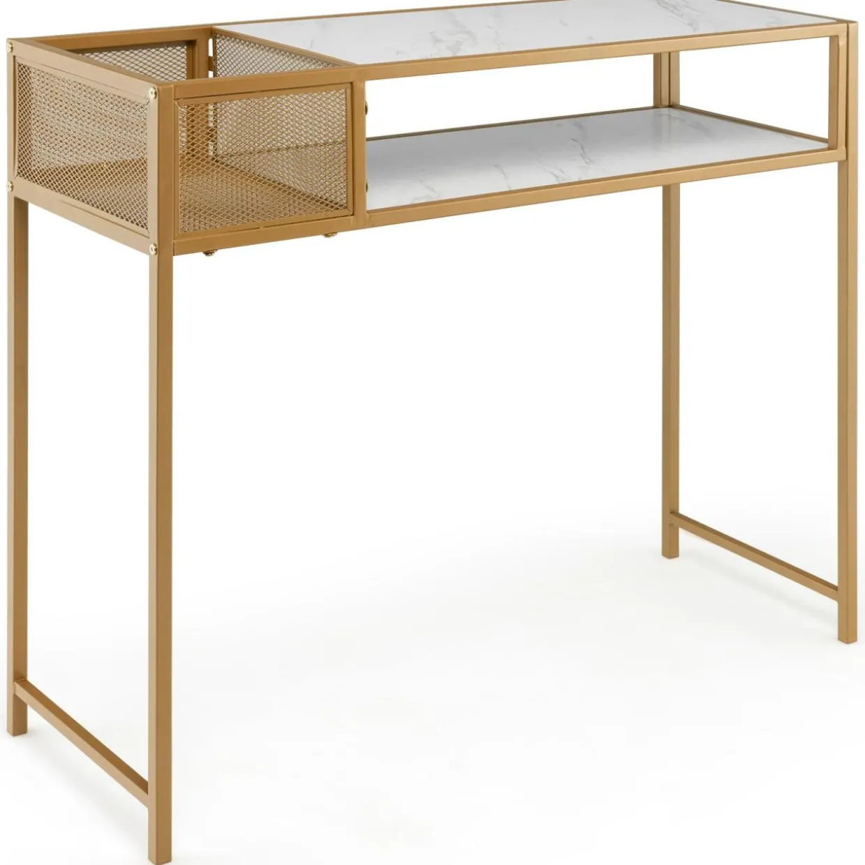 Tangkula Console Table, 2-Tier Faux Marble Sofa Table with Open Storage Shelf, Gold Steel Frame, Modern Entryway Table