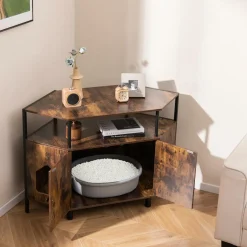 Tangkula Corner Cat Litter Box Enclosure, Decorative Pet Cabinet Furniture with Open Shelf, 2 Entrances