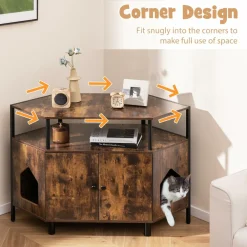 Tangkula Corner Cat Litter Box Enclosure, Decorative Pet Cabinet Furniture with Open Shelf, 2 Entrances