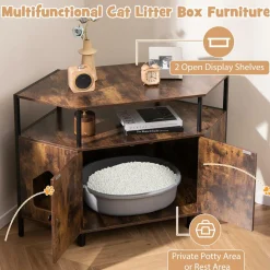 Tangkula Corner Cat Litter Box Enclosure, Decorative Pet Cabinet Furniture with Open Shelf, 2 Entrances