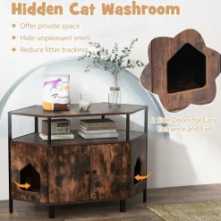 Tangkula Corner Cat Litter Box Enclosure, Decorative Pet Cabinet Furniture with Open Shelf, 2 Entrances