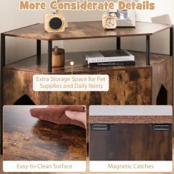 Tangkula Corner Cat Litter Box Enclosure, Decorative Pet Cabinet Furniture with Open Shelf, 2 Entrances