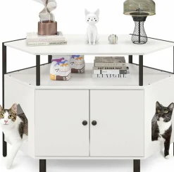 Tangkula Corner Cat Litter Box Enclosure, Decorative Pet Cabinet Furniture with Open Shelf, 2 Entrances