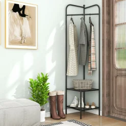 Tangkula Corner Coat Rack with Storage, Simple Hall Tree with Hanging Rod & 2 Mesh Shelves