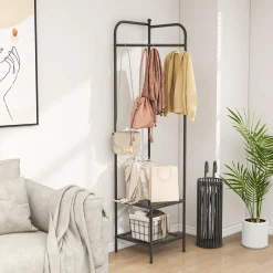 Tangkula Corner Coat Rack with Storage, Simple Hall Tree with Hanging Rod & 2 Mesh Shelves