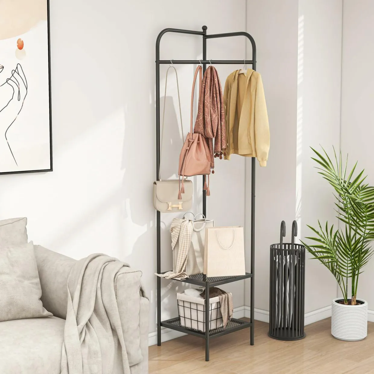 Tangkula Corner Coat Rack with Storage, Simple Hall Tree with Hanging Rod & 2 Mesh Shelves