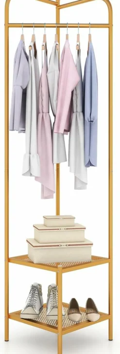 Tangkula Corner Coat Rack with Storage, Simple Hall Tree with Hanging Rod & 2 Mesh Shelves
