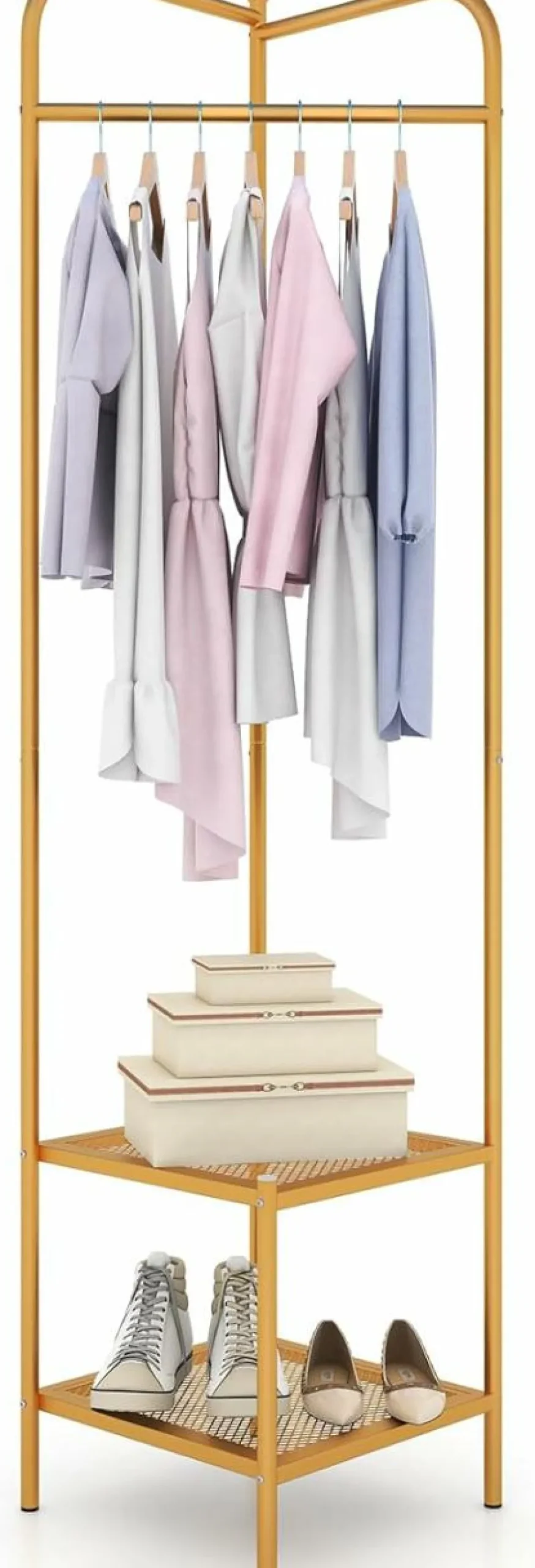 Tangkula Corner Coat Rack with Storage, Simple Hall Tree with Hanging Rod & 2 Mesh Shelves