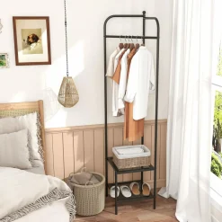 Tangkula Corner Coat Rack with Storage, Simple Hall Tree with Hanging Rod & 2 Mesh Shelves